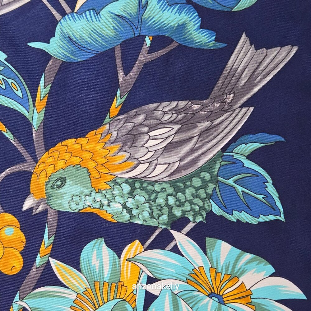 HUGE Silk Wrap Scarf Birds Blue Yellow - Picture 2 of 13